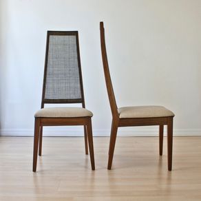Pair Of Mid-Century Dining Chairs : Tall Cane Back + Wool Upholstery by Dominique Provost